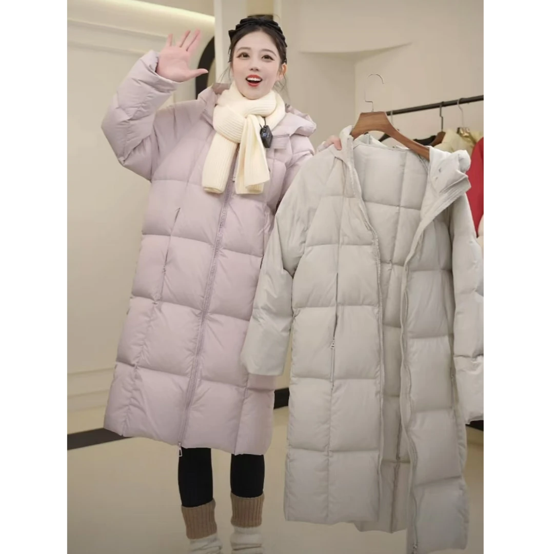 中长款女士连帽羽绒服纯色贝贝长休闲女装厚款长款百搭宽松型时尚