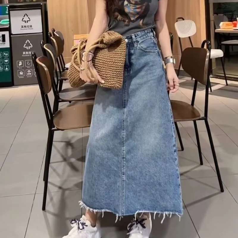 复古蓝春夏韩系高腰显瘦水洗不掉色后开叉设计感百搭牛仔裙女