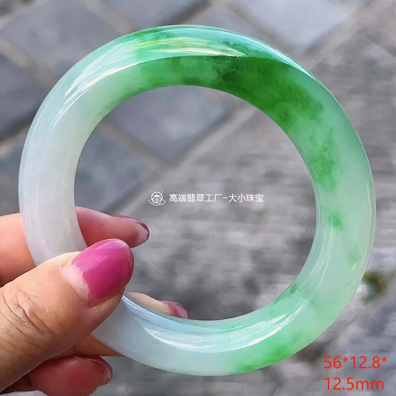 大小珠宝冰糯种甜阳绿天然翡翠手镯圆条56送礼定制冰润缅甸玉镯子