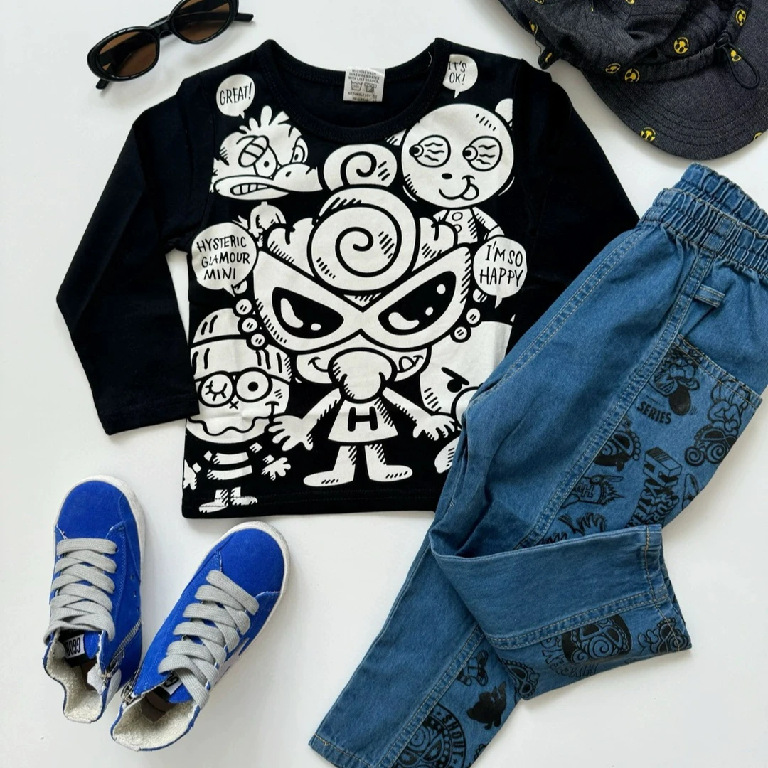 现货儿童黑超涂鸦拔印长袖T恤