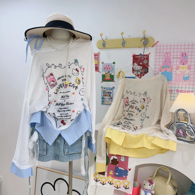 【钱呼呼】清版~2025夏季新计感衬衫拼接底边袖口薄款斜肩漏肩绑带T