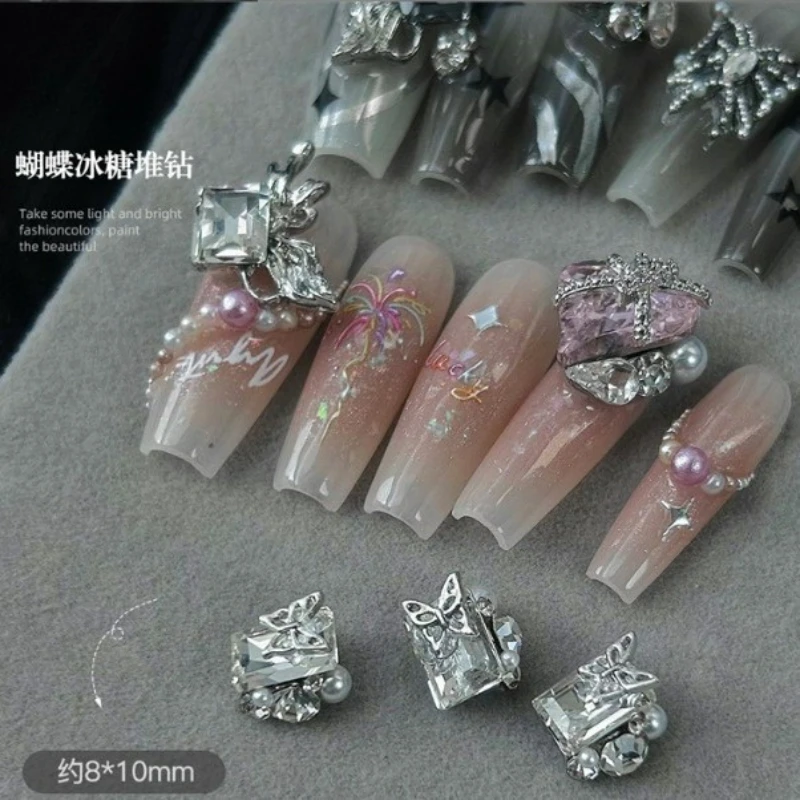 网红美甲成品堆钻爆款饰品镶钻礼物盒蝴蝶小冰糖合金水晶饰品指甲