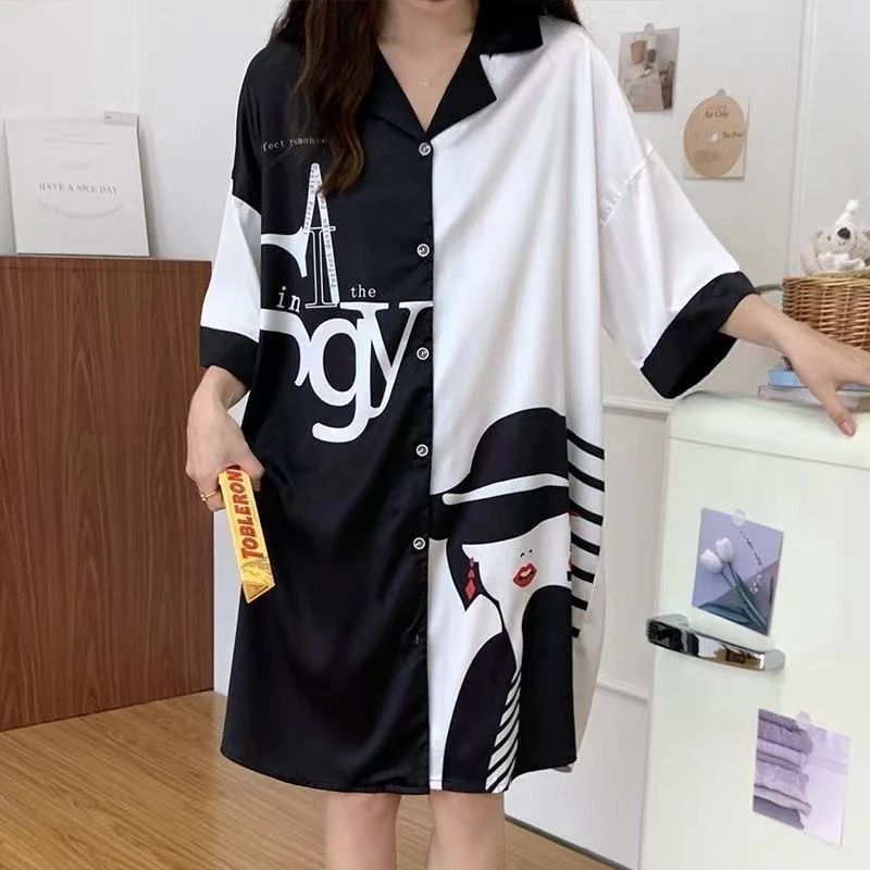 韩版新款冰丝睡裙女夏季薄款性感开衫睡衣高级感轻奢宽松家居服女