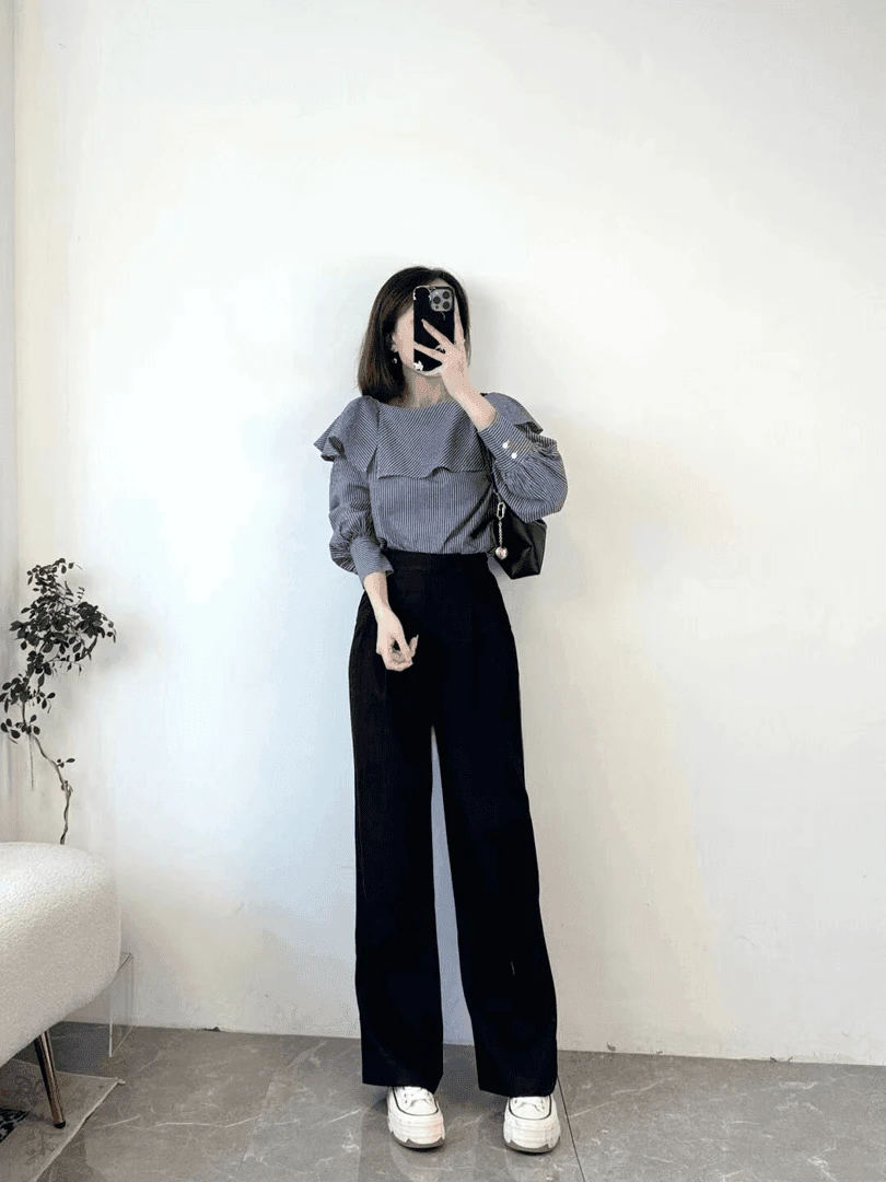 早春搭配一整套一字荷叶领气质条纹长袖衬衫上衣西装阔腿裤子套装