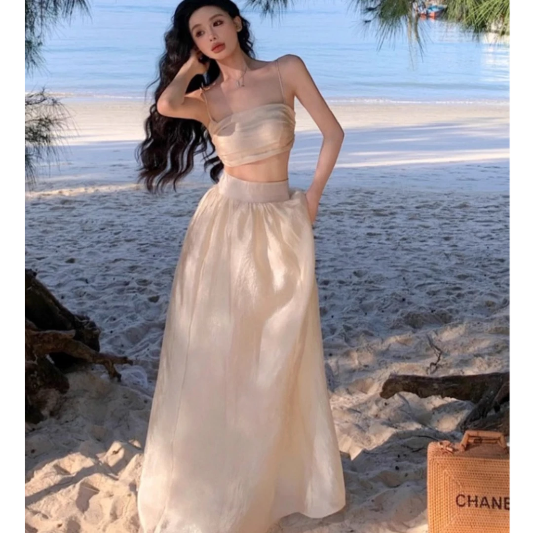 法式纯欲褶皱抹胸吊带上衣高腰半身裙两件套设计感长裙超仙度假裙