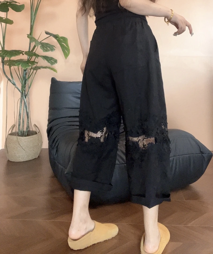 museguhui/木色古汇75-1#拼接蕾丝款式百搭气质重工显瘦休闲裤