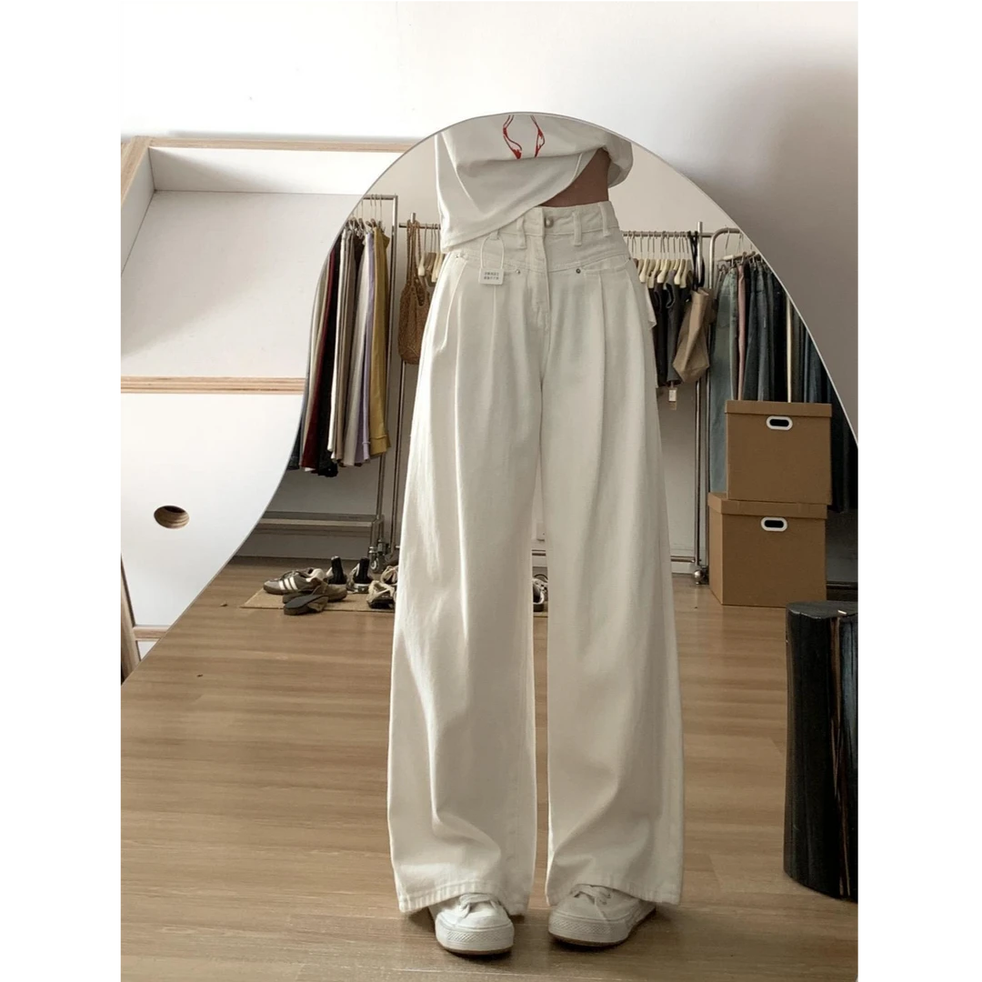 145小个子美式白色褶皱设计感阔腿牛仔裤女高腰宽松显瘦直筒长裤