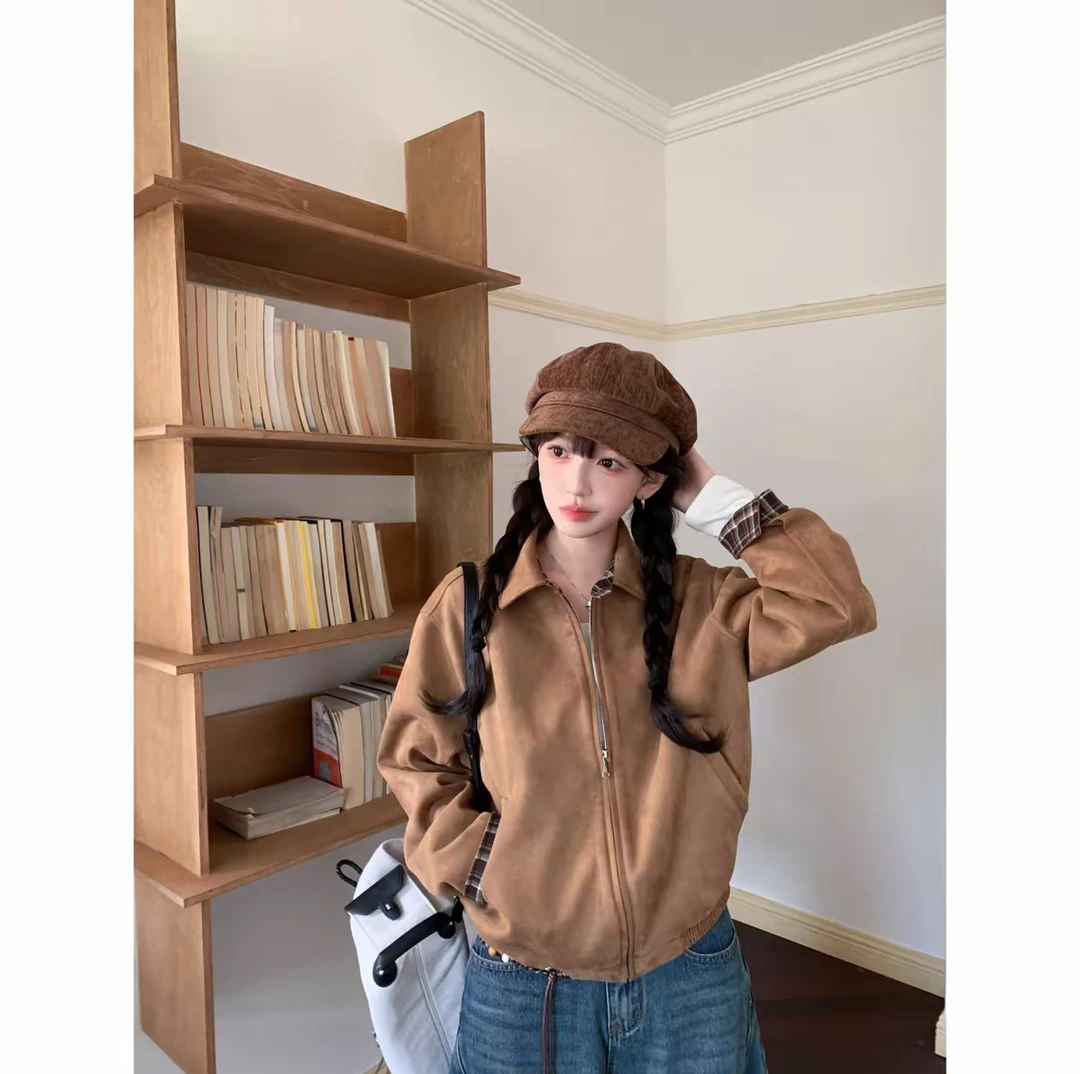 格纹拼接高级感外套女2025秋季宽松短款时尚外套