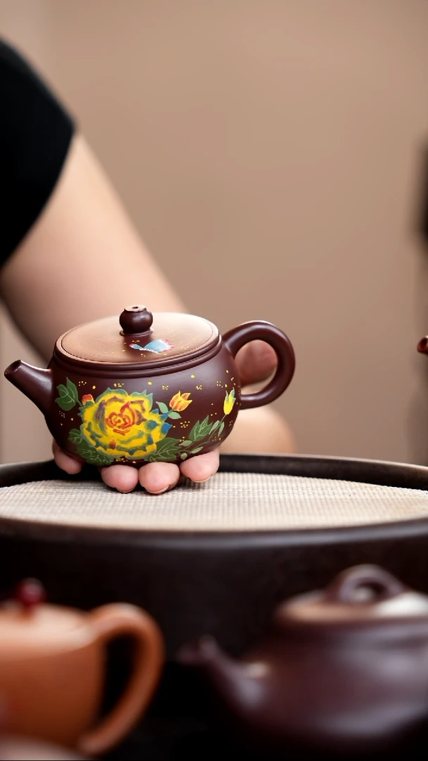 茶壶紫砂紫脂泥汉瓦泥绘黄牡丹