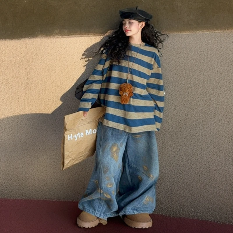 女童卫衣套装春秋款2025新款女条纹宽松上衣儿童超好看牛仔套装