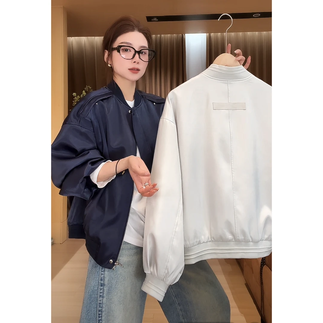 月月不吃鱼 2025春款小众设计极简风仿醋酸百搭棒球外套 2502C343