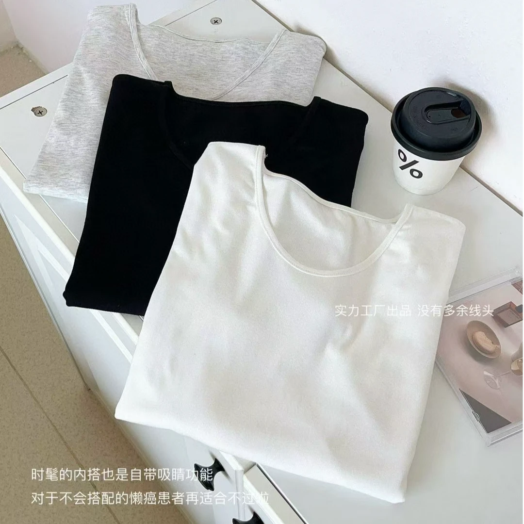 2025春夏季新款纯色圆V水滴领宽松弹力长袖显瘦慵懒感T恤8016