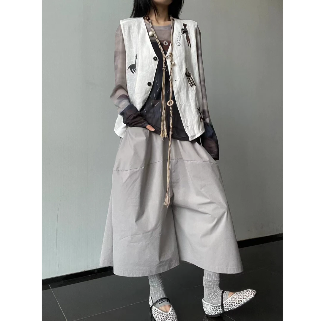 宽松裤摆休闲八分裙裤