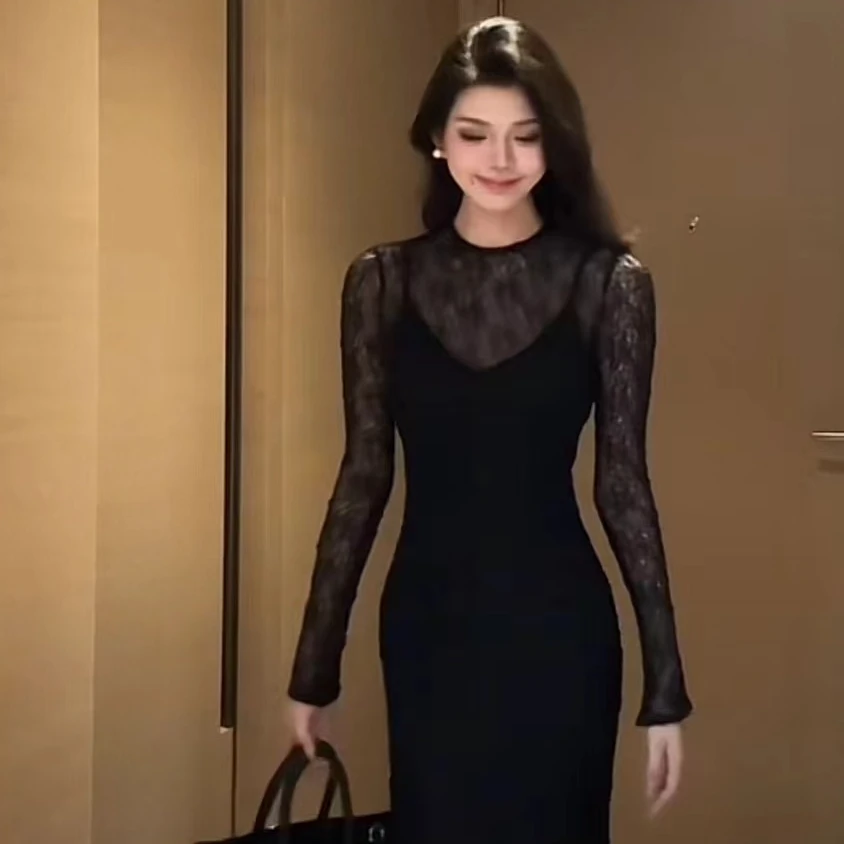 【秘境藤曼】时尚网红纯欲微透连衣裙加内搭吊带裙两件套套装0712款