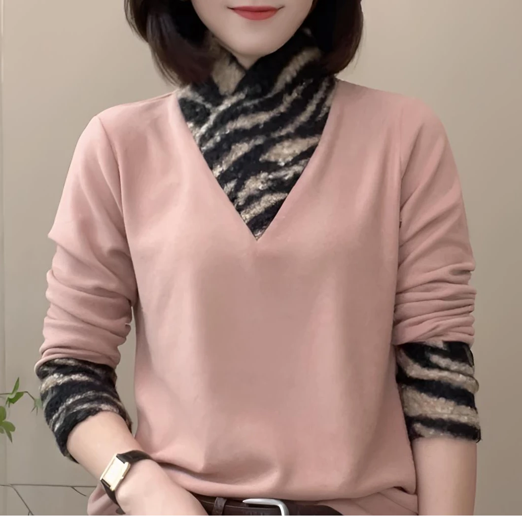 冬季新款豹纹拼接保暖加厚休闲卫衣女士百搭长袖复古小衫女