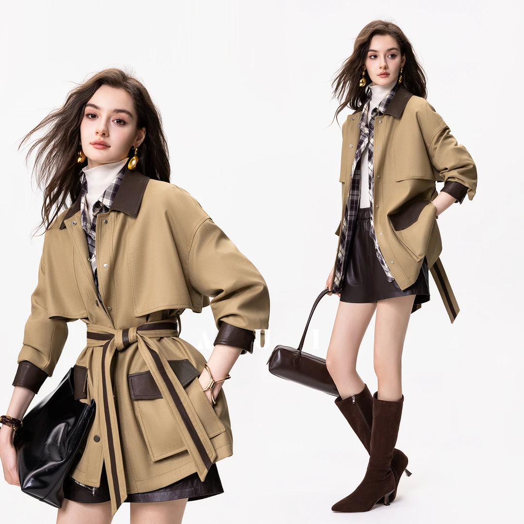 aui卡其色撞色翻领PU皮风衣外套2025秋冬高级感通勤大衣25W080718