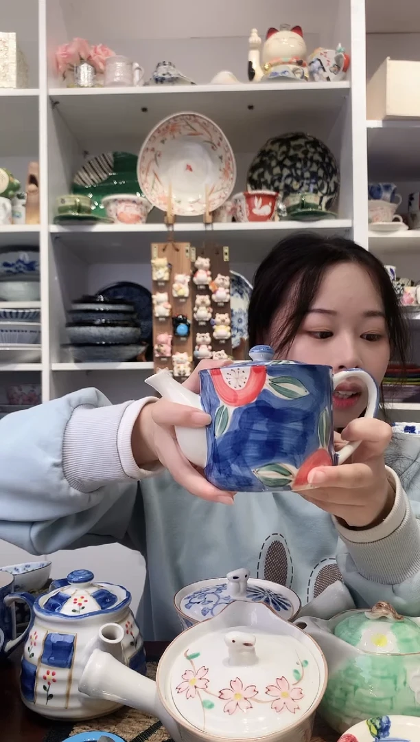 陶瓷美浓烧手绘山茶花茶壶