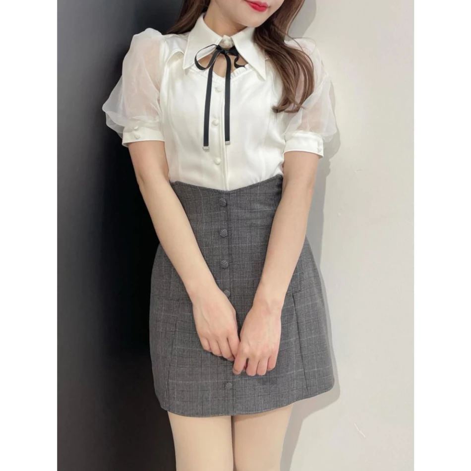 【DD外贸】  夏季气质 E 百搭薄纱拼接设计感上衣衬衫