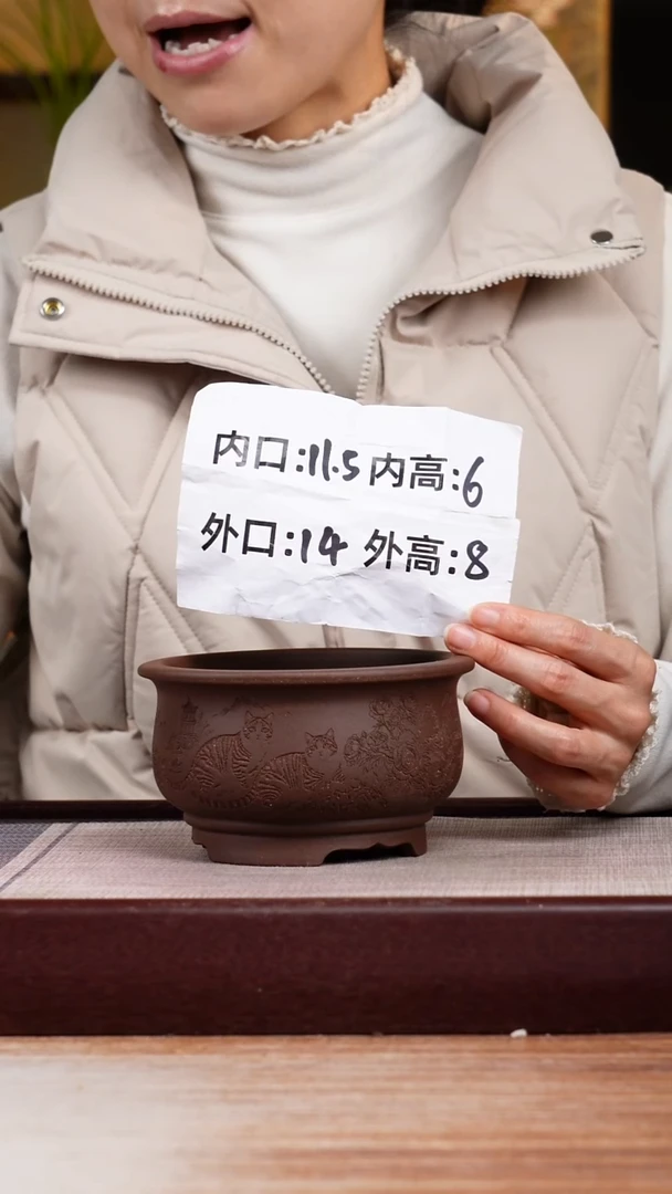 紫砂花盆紫泥刻绘猫咪迷你矮圆盆一只无托