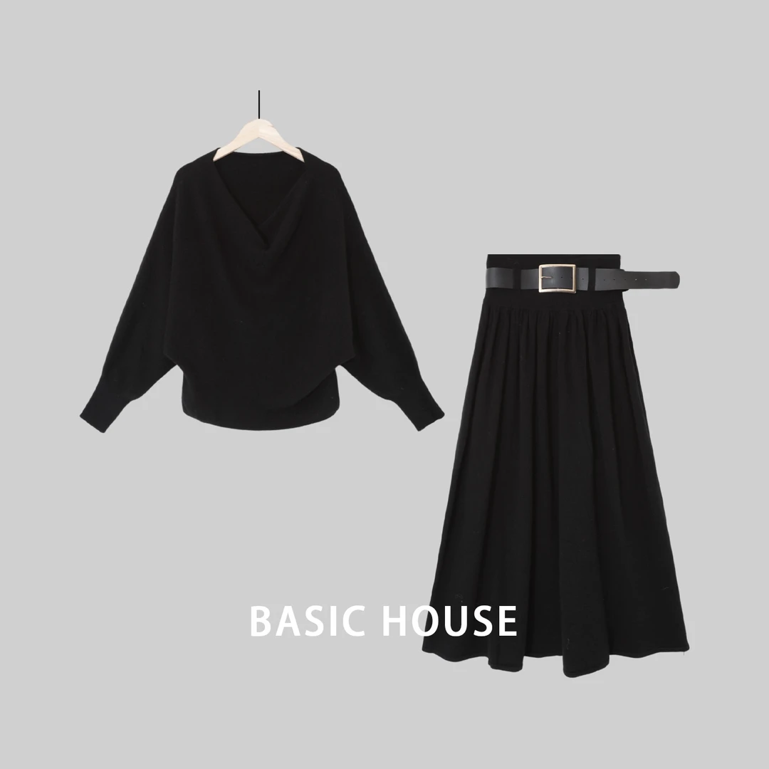 Basic House/百家好JH气质轻熟针织两件套腰带时尚百搭半裙套装