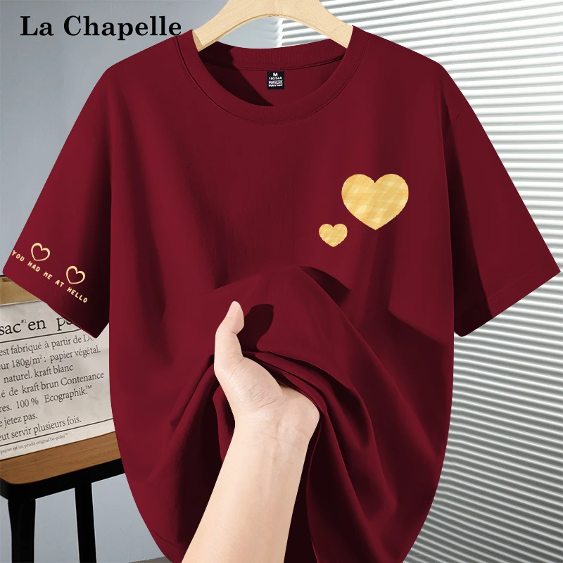 拉夏贝尔酒红短袖T恤女2025新款爆款设计感百搭显瘦上衣休闲体恤