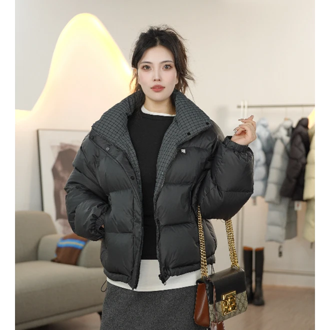 立领短款双面穿羽绒服女冬季新款宽松显瘦加厚外套工装口袋小5652