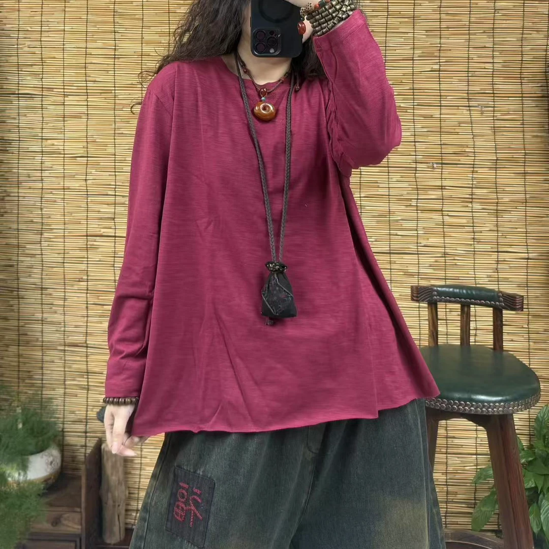 1012净色百搭长袖圆领针织套头休闲显瘦棉T恤（长62左右，90-160斤）