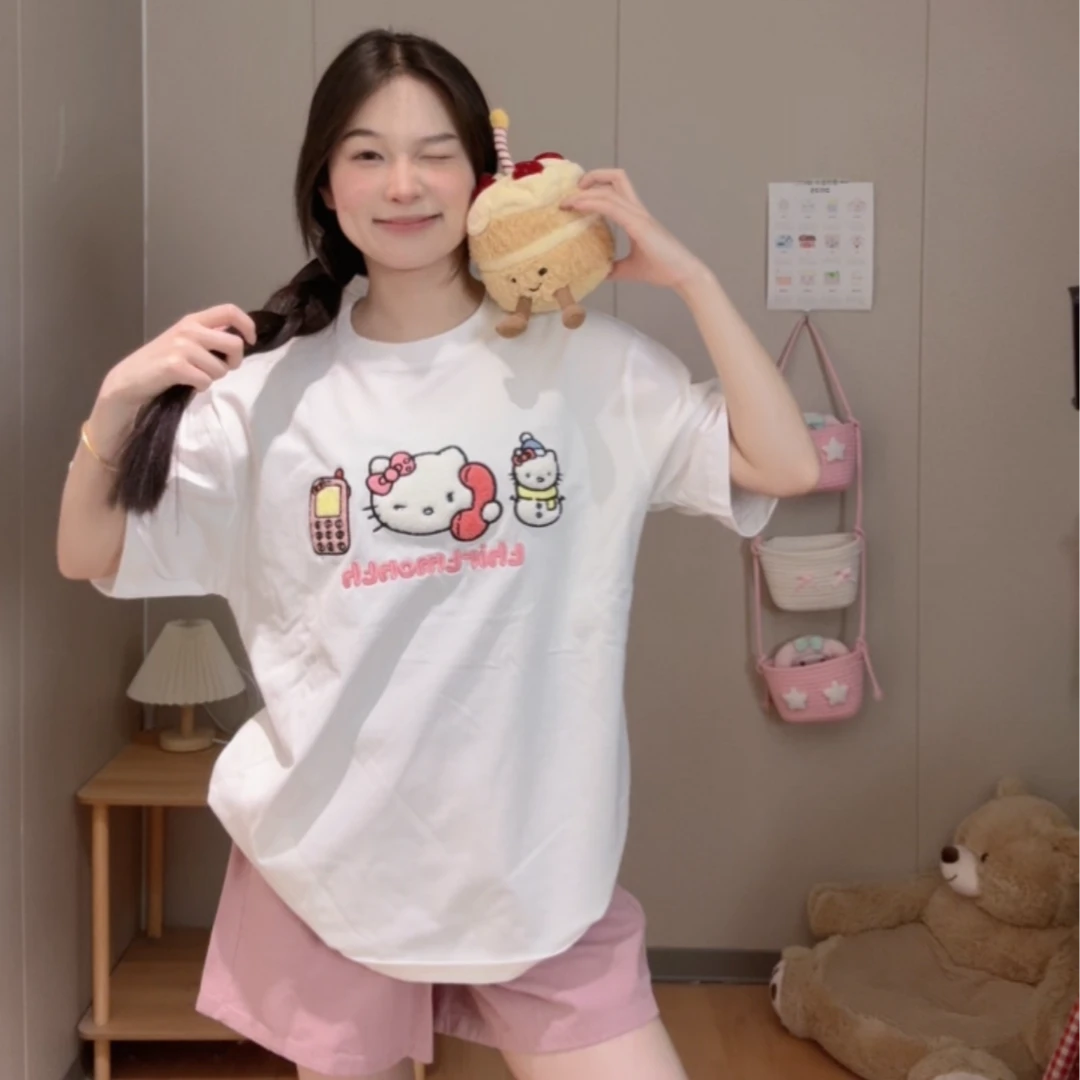 2025夏季可爱小猫耳电话刺绣纯棉短袖女新款宽松情侣上衣卫衣外套