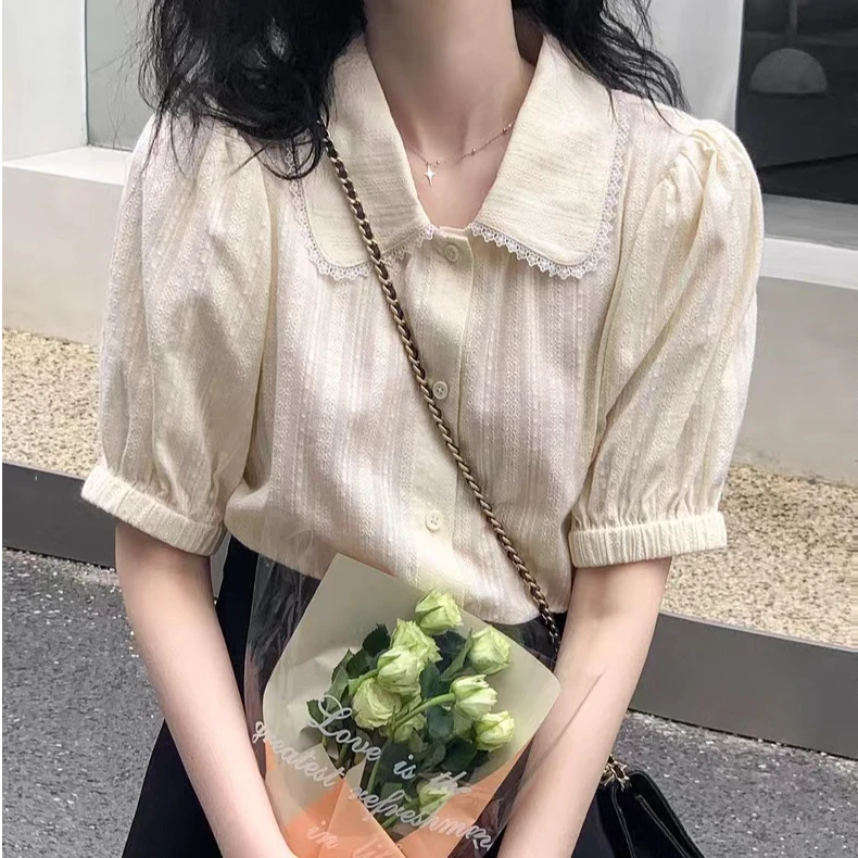 【棉】娃娃领法式泡泡袖短袖衬衫女减龄甜美显瘦复古小众衬衣6723