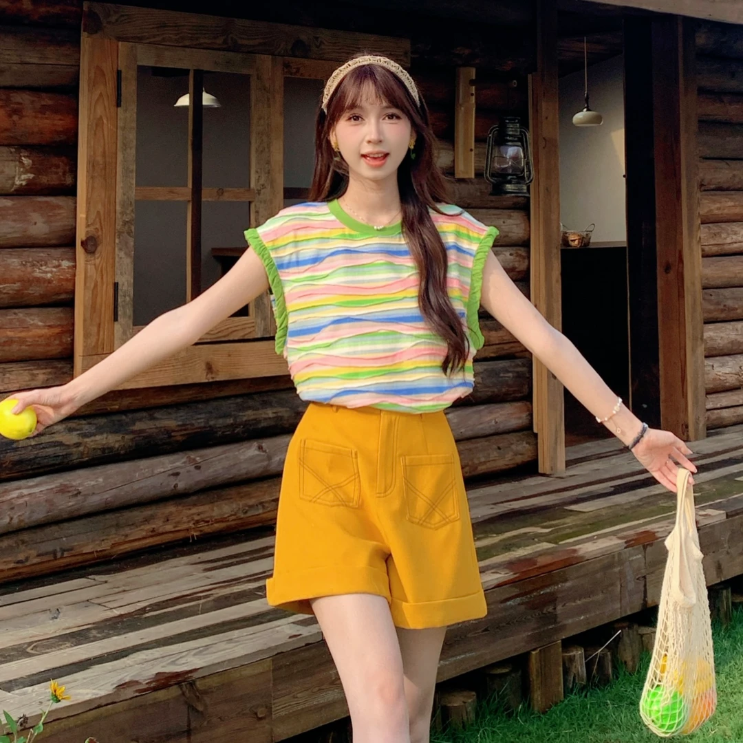 【粉丝专属】TU27636甜美彩色条纹无袖t恤圆领宽松背心上衣
