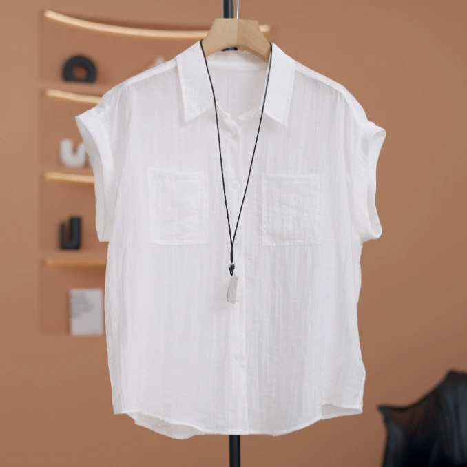 【菲儿】Polo领无袖双口袋设计感薄款宽松衬衫-Y17744S