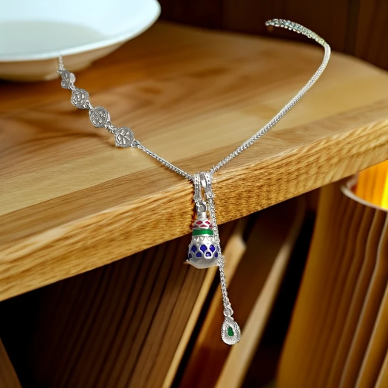 坠链均足银 849烧蓝平安喜乐葫芦项链气质轻奢时尚仙女超仙甜美