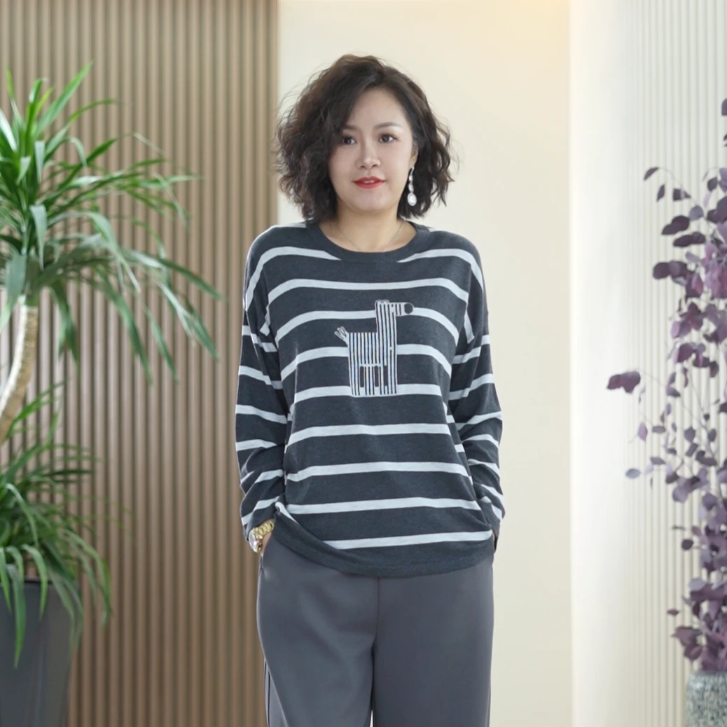 桑蚕丝绵羊毛小马针织衫女大码显瘦条纹亲肤舒适上衣T恤秋季内搭