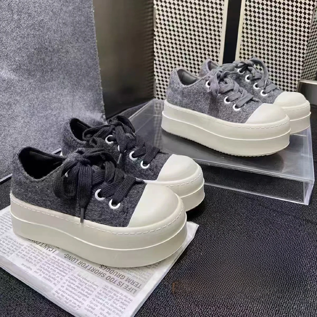 C3743 浅灰色  时尚潮流厚底圆头系带休闲运动鞋女士板鞋