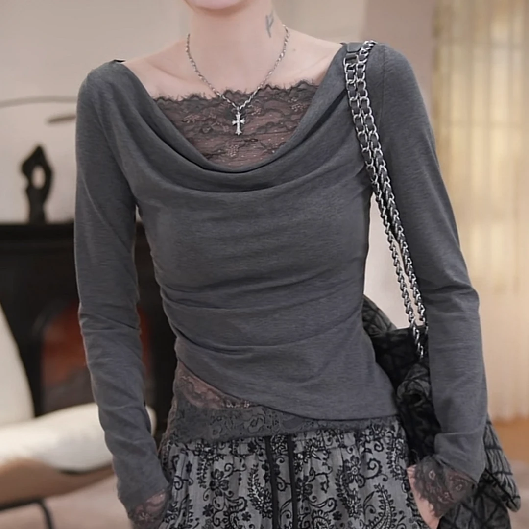 欧货假两件蕾丝拼接长袖T恤女2025年春夏新款修身显瘦内搭打底衫