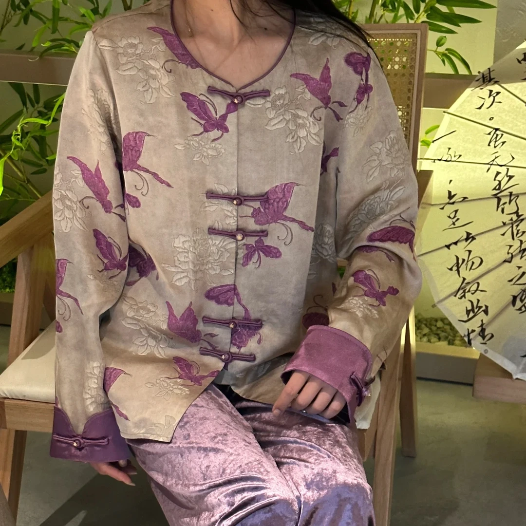 深圳南油女装新中式蝴蝶提花紫色国风开衫上衣女---A12