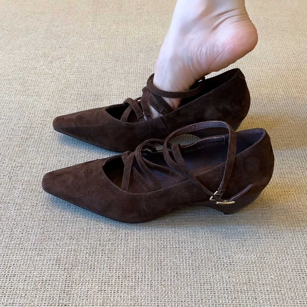 RubyL/4.5cm小众设计感简约复古交叉细带纯色异型跟浅口单鞋女款