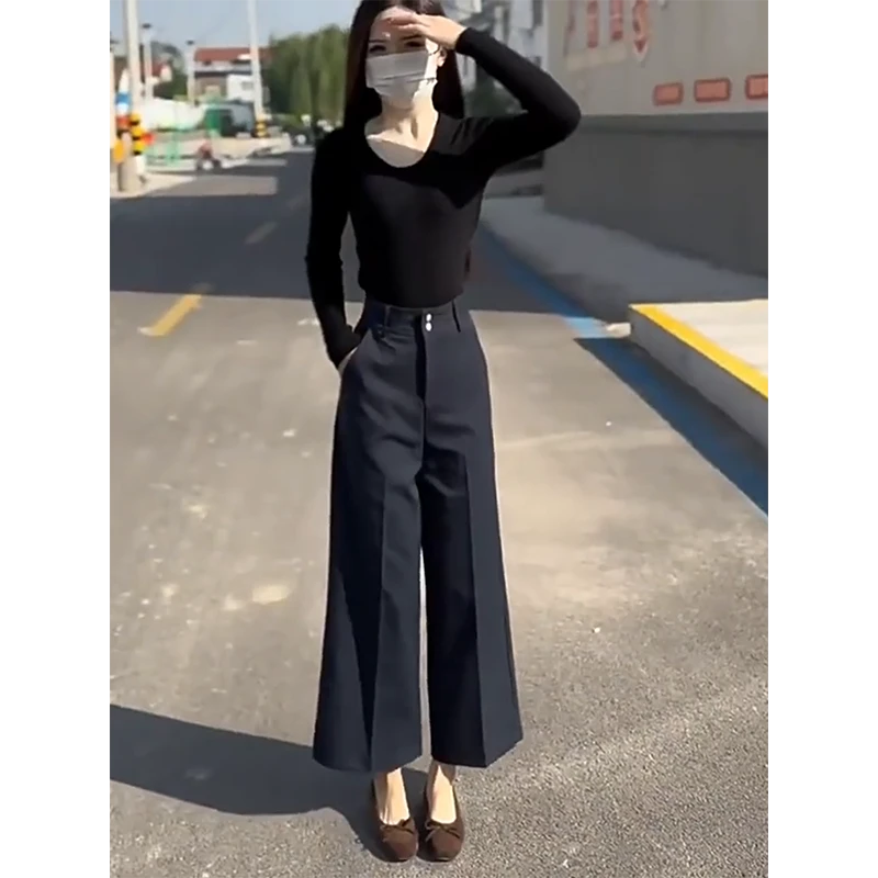 2025秋季新款韩版修身圆领长袖T恤上衣女高腰休闲阔腿九分裤套装