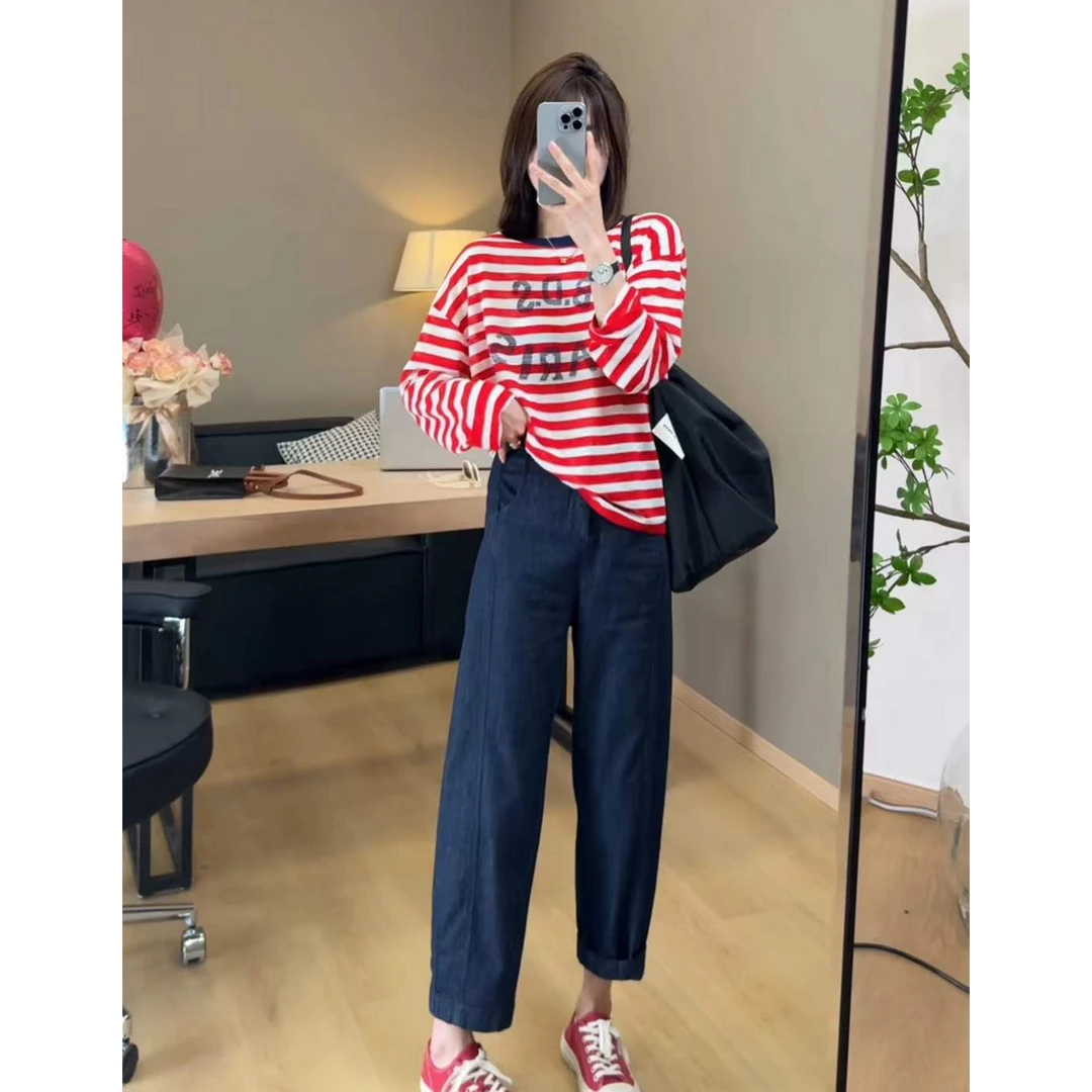 TY7 【撞色领条纹针织】韩系显瘦百搭慵懒风撞色领条纹针织（衣长60）