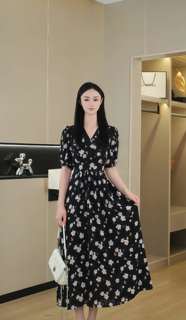 【桃花坞上】2025夏季新款度假高腰法式印花显瘦长裙法式短袖连衣裙