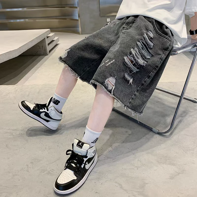 男童牛仔短裤夏季薄款中裤2025新款儿童夏装裤子外穿大童男孩破洞