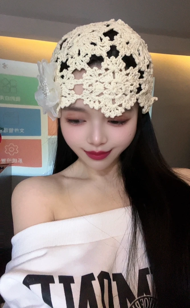 婷姐定制手工钩花纯御小仙女必备花朵镂空辣妹包头帽