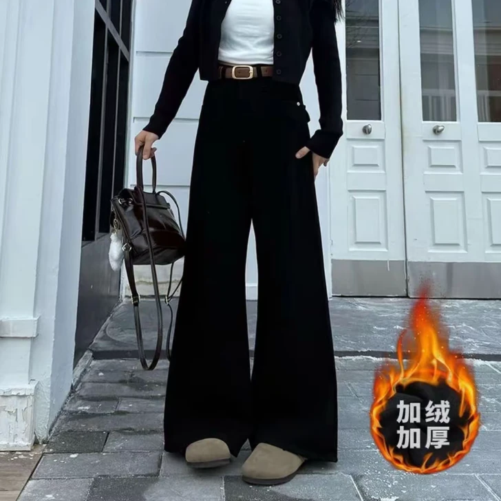 【送腰带+运险】加绒黑色高腰阔腿宽松牛仔裤2025秋冬新款直筒显瘦