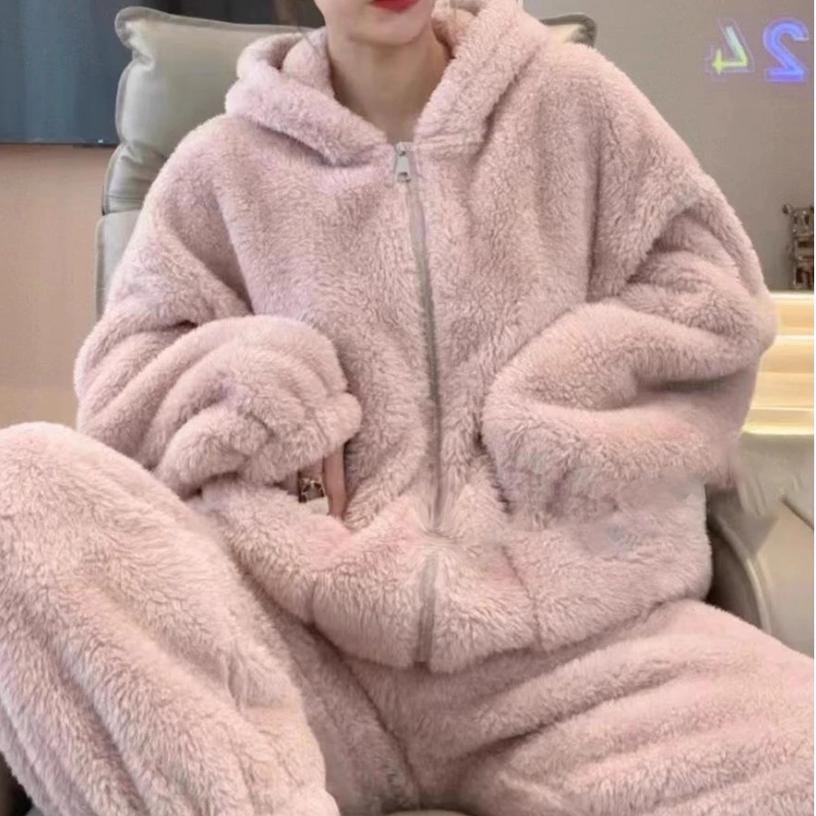 2025冬季新款时尚珊瑚绒睡衣女装韩版宽松加绒加厚家居服两件套装