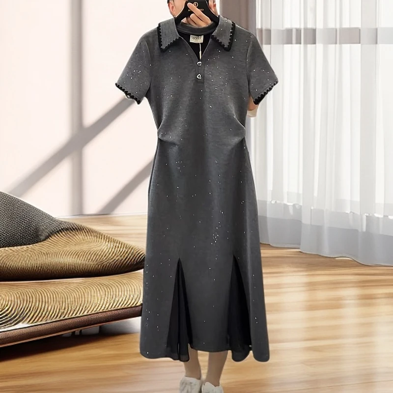 时尚爆款高级设计师女装拼接重工褶皱收腰显瘦气质连衣裙