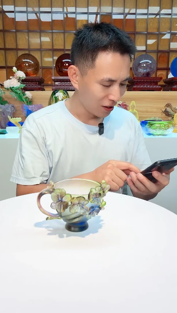 手工艺品琉璃祁****师彩色兰花咖啡杯
