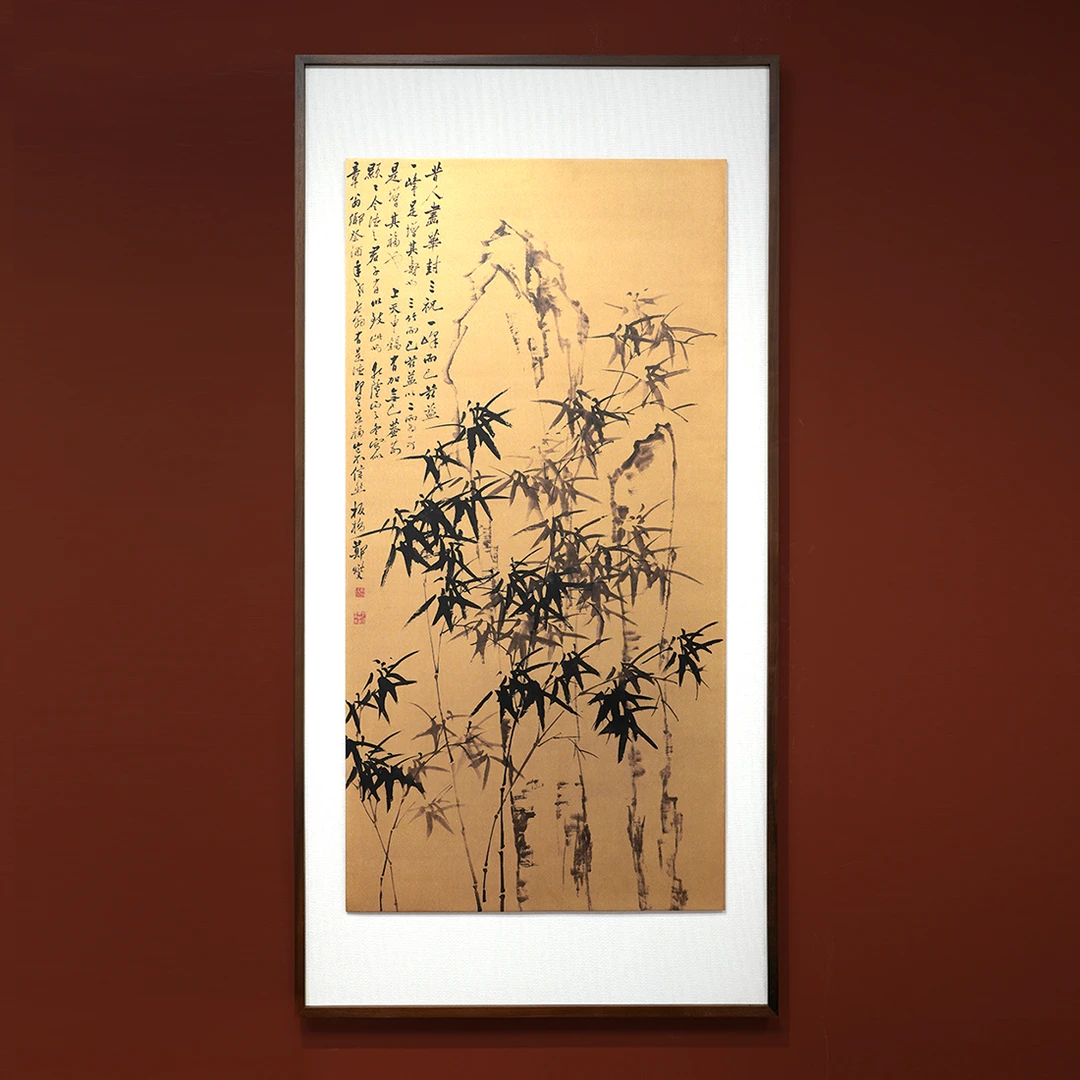 释同《竹石图/风竹图》入户门高端铜板画中式实木挂画玄关书房挂画