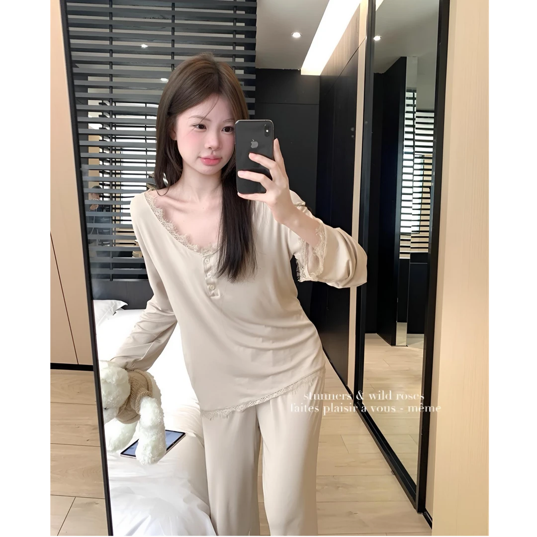 超舒服代尔棉舒适柔软蕾丝V领纯欲气质睡衣女春秋时尚家居服套装