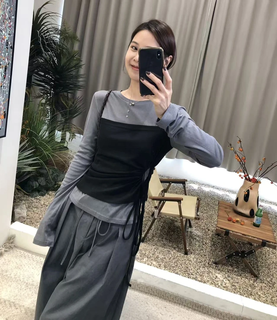 时尚撞色拼接假两件长袖上衣女2025年秋新款系带收腰阔腿裤套装潮