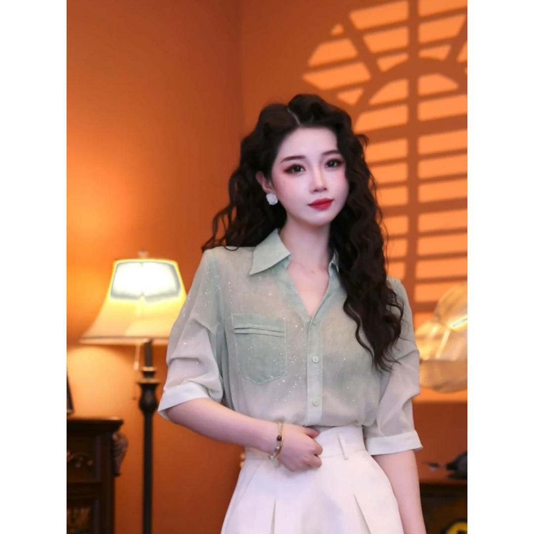 蒋肉肉【绿湖清梦】港味复古时尚气质短袖上衣02071